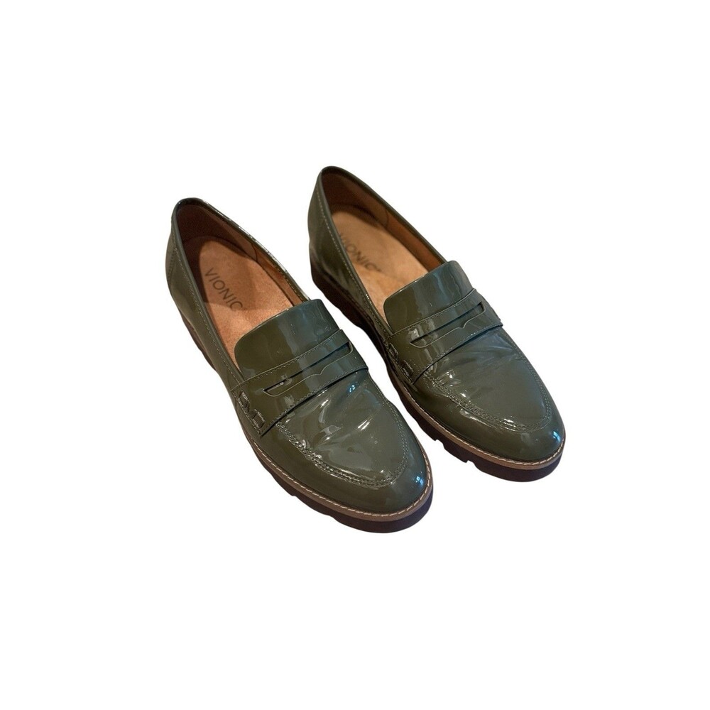 Vionic Size 8 Cheryl Womens Slip On Lug Loafer Casual Olive Green Patent Leather